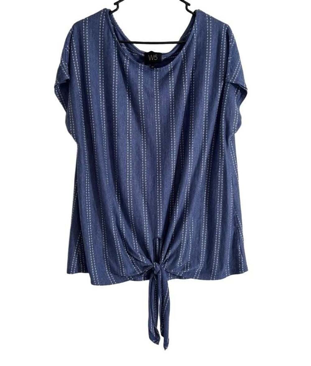 W5 Women's Blue Dotted Stripes Short Sleeve Tie Waist Casual Blouse Top Size 2X